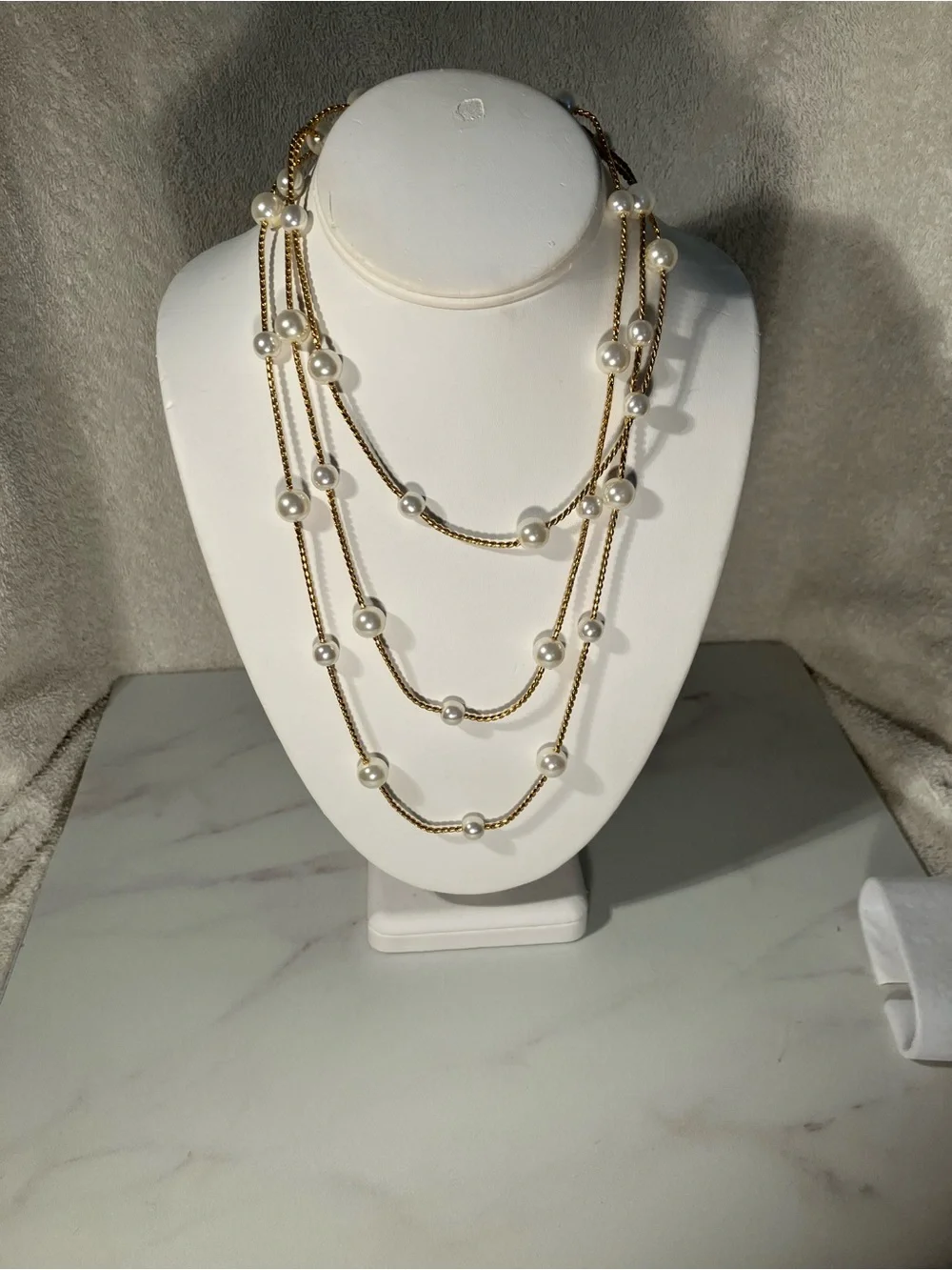 Gold Faux Pearl Necklace Elegant station design 61” works for layering or alone